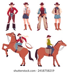 Chicas de vaca, conjunto de ilustraciones vectoriales aisladas en fondo blanco dibujadas en estilo de dibujos planos. Hermosas mujeres jóvenes con sombreros y caballos a caballo, vestidas al estilo del oeste salvaje. Personajes femeninos de Occidente