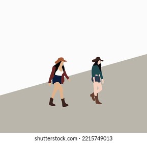 Cowgirls Wearing Boots With Cowboy Hats Walking On Street. Representing Agriculture Industry In Urban Country.