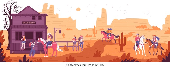 Chicas de vaca en el rancho Wild West en el paisaje del desierto. Niñas vaqueras con cuerdas montando caballos. Ilustración vectorial de las mujeres norteamericanas de ranger de rodeo occidental. Señora vestida al estilo retro del oeste salvaje