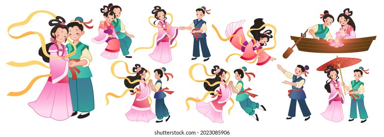 Cowherd and weaver girl for Qixi Festival. The ancient tale couple characters on Chinese Valentine's day with different poses and activities