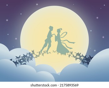 Cowherd and the Weaver meet Once a year by the help of magpies. Chinese valentines day, qixi festival vector illustration. 