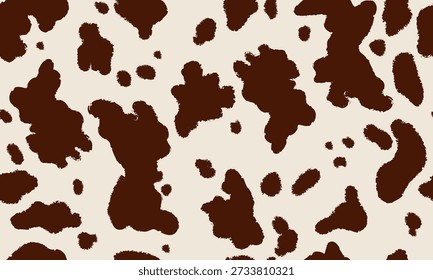 Cowhide animal print seamless pattern in brown and cream tones. Cow skin spots repeating texture. 