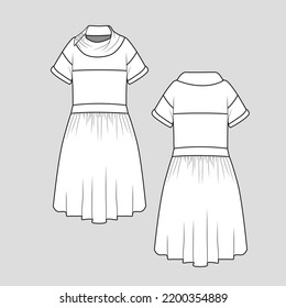 Cowl Neck Button roll up sleeve Dress waist Gathering drop shoulder  peplum dress Fashion technical drawing template