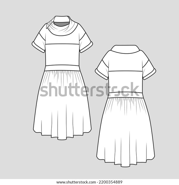 Cowl Neck\
Button roll up sleeve Dress waist Gathering drop shoulder  peplum\
dress Fashion technical drawing\
template