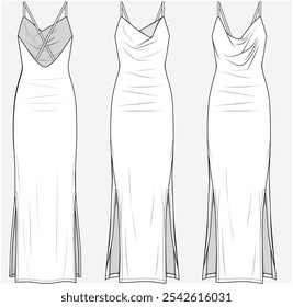 VESTIDO DE CUELLO DE CAPOTA CON HOMBRO DE TIRAS Y DETALLE DE HENDIDURA DELANTERA DISEÑADO PARA MUJERES JÓVENES Y MUJERES EN ARCHIVO DE VECTOR