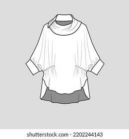 Cowl Neck fashion high low hem top Gathering  kimono sleeve with cuffs Asymmetrical hem sweatshirt blouse dress fashion design template flat sketch