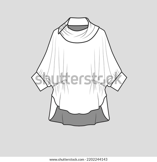 Cowl Neck fashion high low hem top Gathering \
kimono sleeve with cuffs Asymmetrical hem sweatshirt blouse dress\
fashion design template flat\
sketch
