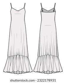 Cowl Neck Frill Hem Strappy Maxi Dress, Slip Dress  Front and Back View. Fashion Flat Sketch Vector Illustration, CAD, Technical Drawing, Flat Drawing, Template, Mockup.