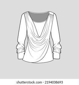 cowl neck long sleeve drape top fashion flat sketch template drawing