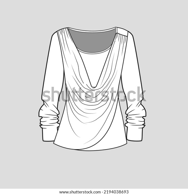 cowl neck long sleeve drape top fashion flat\
sketch template drawing
