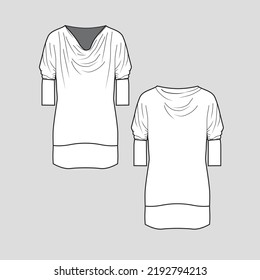 cowl neck Mini Dress three quarter sleeve gathering fashion design sketch Technical Drawing