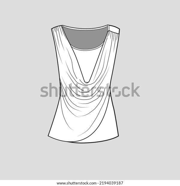 cowl neck Sleeveless drape top fashion design\
template flat sketch\
drawing