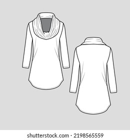 Cowl Neck Sweatshirt Long Sleeve round hem winter Design flat sketch Cad Drawing mock up Template