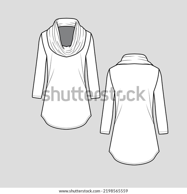 Cowl Neck Sweatshirt Long Sleeve\
round hem winter Design flat sketch Cad Drawing mock up\
Template