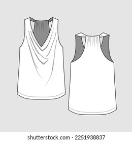 Cowk Neck Tank camiseta superior T Top V Necs Drape moda Vestido de ropa Esbozo plano sin mangas Plantilla de dibujo