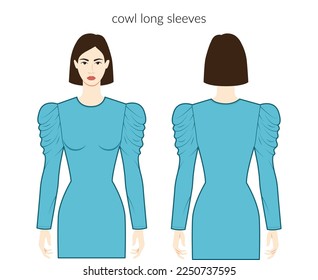Cowl sleeves long length clothes character beautiful lady in aqua top, shirt, dress technical fashion illustration, fitted body. Flat apparel template front, back sides. Women, men unisex CAD mockup