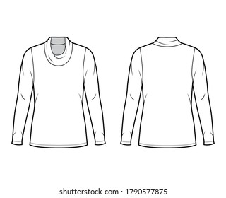 Cowl turtleneck jersey sweater technical fashion illustration with long sleeves, oversized, tunic length. Flat outwear apparel template front back white color. Women men unisex shirt top CAD mockup