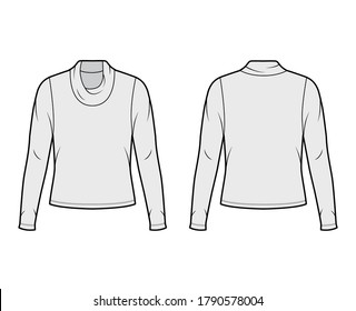 Cowl turtleneck jersey sweater technical fashion illustration with long sleeves, oversized body. Flat outwear apparel template front back grey color. Women men unisex shirt top CAD mockup