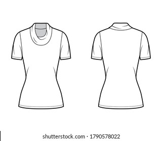 Cowl turtleneck jersey sweater technical fashion illustration with short sleeves, tunic length. Flat outwear apparel template front, back white color. Women, men, unisex t-shirt top CAD mockup