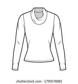 Cowl turtleneck jersey sweater technical fashion illustration with long sleeves, close-fitting shape. Flat outwear apparel template front, white color. Women, men, unisex shirt top CAD mockup