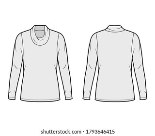 Cowl turtleneck jersey sweater technical fashion illustration with long sleeves, oversized, tunic length. Flat outwear apparel template front back grey color. Women men unisex shirt top CAD mockup