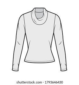 Cowl turtleneck jersey sweater technical fashion illustration with long sleeves, close-fitting shape. Flat outwear apparel template front, grey color. Women, men, unisex shirt top CAD mockup