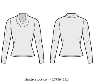 Cowl turtleneck jersey sweater technical fashion illustration with long sleeves, close-fitting shape. Flat outwear apparel template front, back grey color. Women, men, unisex shirt top CAD mockup