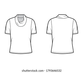 Cowl turtleneck jersey sweater technical fashion illustration with short sleeves, oversized body. Flat outwear apparel template front, back white color. Women, men unisex shirt top CAD mockup