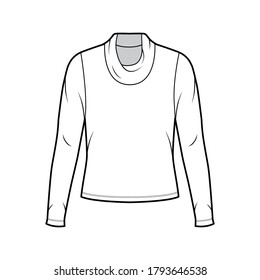 Cowl turtleneck jersey sweater technical fashion illustration with long sleeves, oversized body. Flat outwear apparel template front white color. Women men unisex shirt top CAD mockup