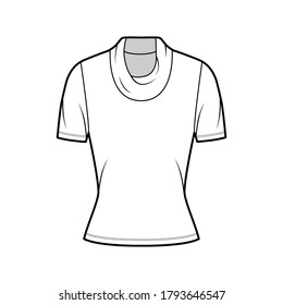 Cowl turtleneck jersey sweater technical fashion illustration with short sleeves, close-fitting shape. Flat outwear apparel template front, white color. Women, men, unisex t-shirt top CAD mockup