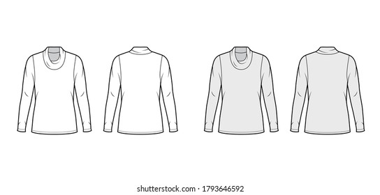 Cowl turtleneck jersey sweater technical fashion illustration with long sleeves, oversized, tunic length. Flat outwear apparel template front back white grey color. Women men unisex shirt top mockup