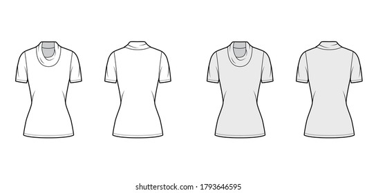 Cowl turtleneck jersey sweater technical fashion illustration with short sleeves, tunic length. Flat outwear apparel template front, back white grey color. Women, men, unisex t-shirt top CAD mockup