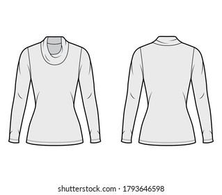 Cowl turtleneck jersey sweater technical fashion illustration with long sleeves, close shape, tunic length. Flat outwear apparel template front back white color. Women men unisex shirt top CAD mockup