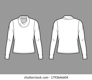 Cowl turtleneck jersey sweater technical fashion illustration with long sleeves, oversized body. Flat outwear apparel template front back white color. Women men unisex shirt top CAD mockup