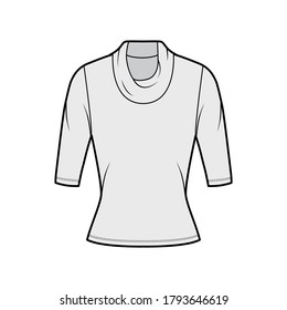 Cowl turtleneck jersey sweater technical fashion illustration with elbow sleeves, close-fitting shape. Flat outwear apparel template front, grey color. Women, men unisex shirt top CAD mockup