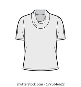 Cowl turtleneck jersey sweater technical fashion illustration with short sleeves, oversized body. Flat outwear apparel template front, grey color. Women, men unisex shirt top CAD mockup