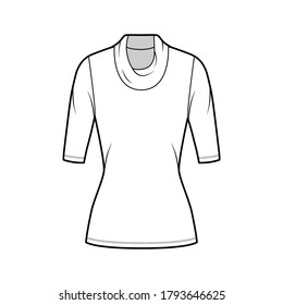 Cowl turtleneck jersey sweater technical fashion illustration with elbow sleeves, close-fitting shape, tunic length. Flat outwear apparel template front, white color. Women men unisex top CAD mockup
