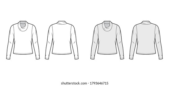 Cowl turtleneck jersey sweater technical fashion illustration with long sleeves, oversized body. Flat outwear apparel template front back white grey color. Women men unisex shirt top CAD mockup