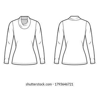 Cowl turtleneck jersey sweater technical fashion illustration with long sleeves, close shape, tunic length. Flat outwear apparel template front back white color. Women men unisex shirt top CAD mockup