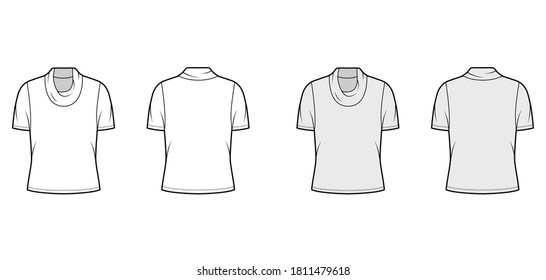 Cowl turtleneck jersey sweater technical fashion illustration with short sleeves, oversized body. Flat outwear apparel template front, back white grey color. Women, men unisex shirt top CAD mockup