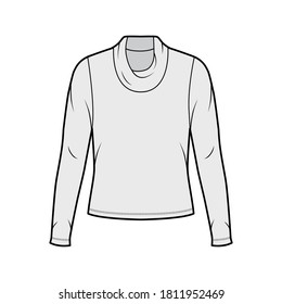 Cowl turtleneck jersey sweater technical fashion illustration with long sleeves, oversized body. Flat outwear apparel template front grey color. Women men unisex shirt top CAD mockup