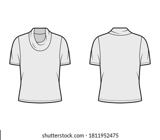 Cowl turtleneck jersey sweater technical fashion illustration with short sleeves, oversized body. Flat outwear apparel template front, back grey color. Women, men unisex shirt top CAD mockup