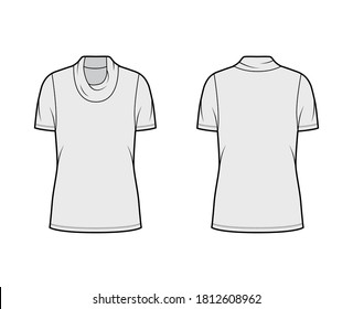 Cowl turtleneck jersey sweater technical fashion illustration with short sleeves, oversized body tunic length. Flat outwear apparel template front back grey color. Women men unisex shirt top mockup