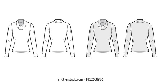 Cowl turtleneck jersey sweater technical fashion illustration with long sleeves, close-fitting shape. Flat outwear apparel template front, back white grey color. Women men, unisex shirt top CAD mockup