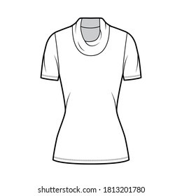 Cowl turtleneck jersey sweater technical fashion illustration with short sleeves, tunic length. Flat outwear apparel template front, white color. Women, men, unisex t-shirt top CAD mockup