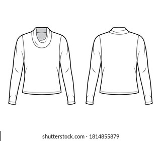 Cowl turtleneck jersey sweater technical fashion illustration with long sleeves, oversized body. Flat outwear apparel template front back white color. Women men unisex shirt top CAD mockup