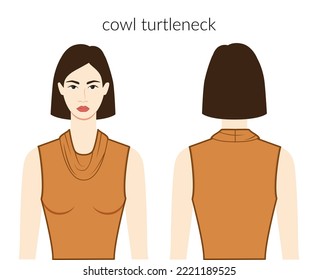 Cowl turtleneck neckline clothes character beautiful lady in ochre top, shirt, dress technical fashion illustration fitted body. Flat apparel template front, back sides. Women, men unisex CAD mockup