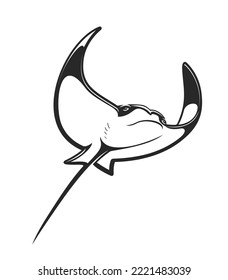 Cownose ray or stingray. Underwater animal, tropical seabed wild life and isolated ocean fish or marine deep creature, devilfish, skate or stingray, monochrome vector mantaray