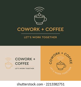 Cowork and Coffee brand design. Vector logo template with coffee cup label and text. Coworking startup brand identity.