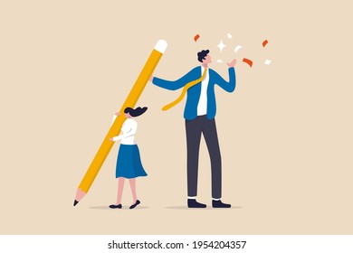 Coworker or boss takes credit of your work, dishonesty, stealing idea or plagiarism concept, young pity woman working hard holding big pencil with bigger businessman liar get reward from her work.